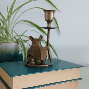 Vintage Brass Mouse Reading Book Candleholder San Pacific Made In Korea 5.5"